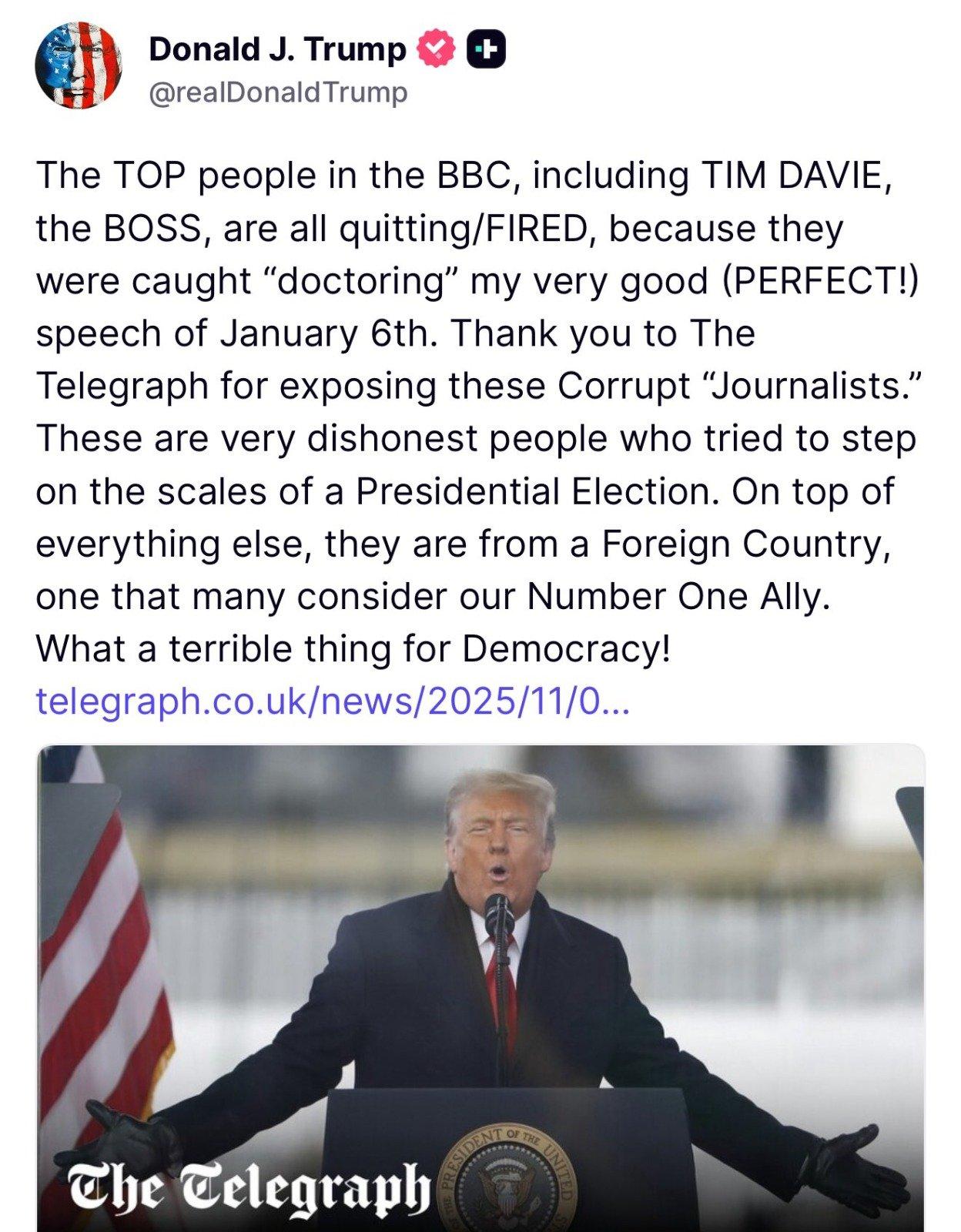 特朗普回应BBC高层辞职事件：“腐败记者”试图操纵美国大选BBC高层，包括其负责