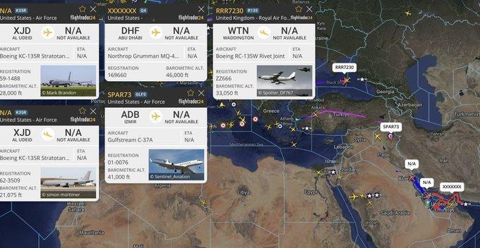 今日美军和英军在中东地区活动频繁，两架Stratotanker加油机与一架MQ-