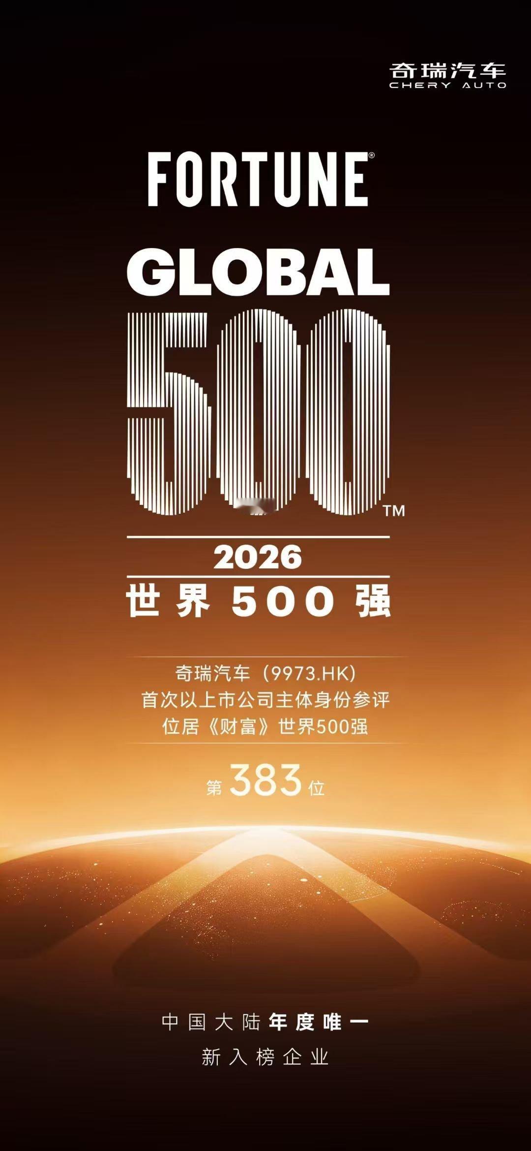 奇瑞汽车成功入选2026《财富》世界500强，位列第383位。这也是奇瑞汽车首次