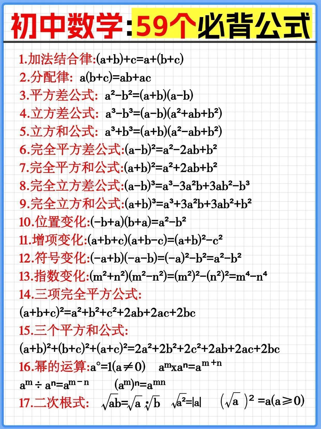 初中数学高频必背公式汇总