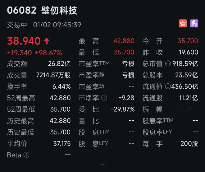 1月2日，“港股GPU第一股”壁仞科技(06082.HK)在港交所上市。开盘报3