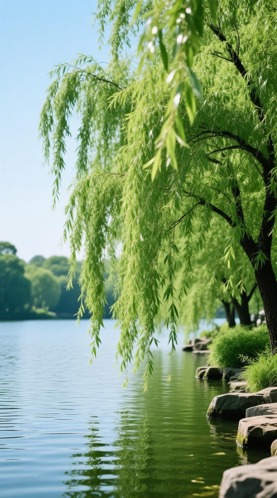 下联：丝丝翠柳岸边摇