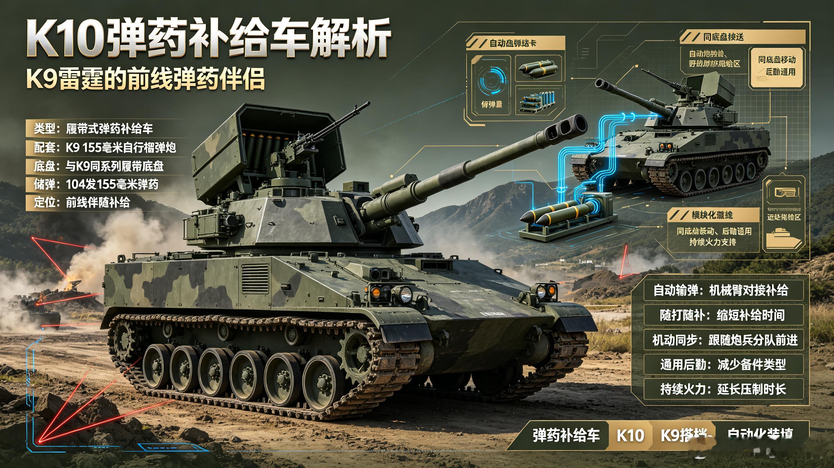 K10，K9“雷霆”自行榴弹炮的专用弹药补给车。采用同系列履带底盘，具备自动输弹