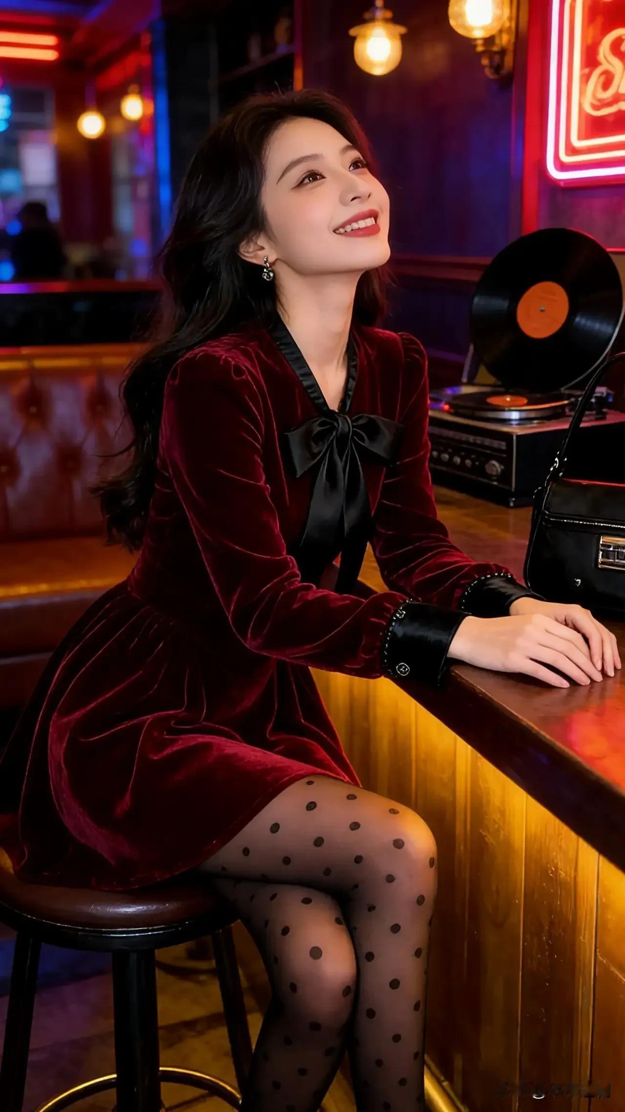 酒红丝绒裹着复古甜意，波点丝袜添了几分俏皮，霓虹暖光与黑胶唱片交织出慵懒氛围，仰