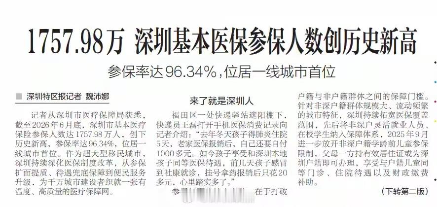 1757.98万 ，96.34%人参保。深圳基本医保参保人数创历史新高了。基本医