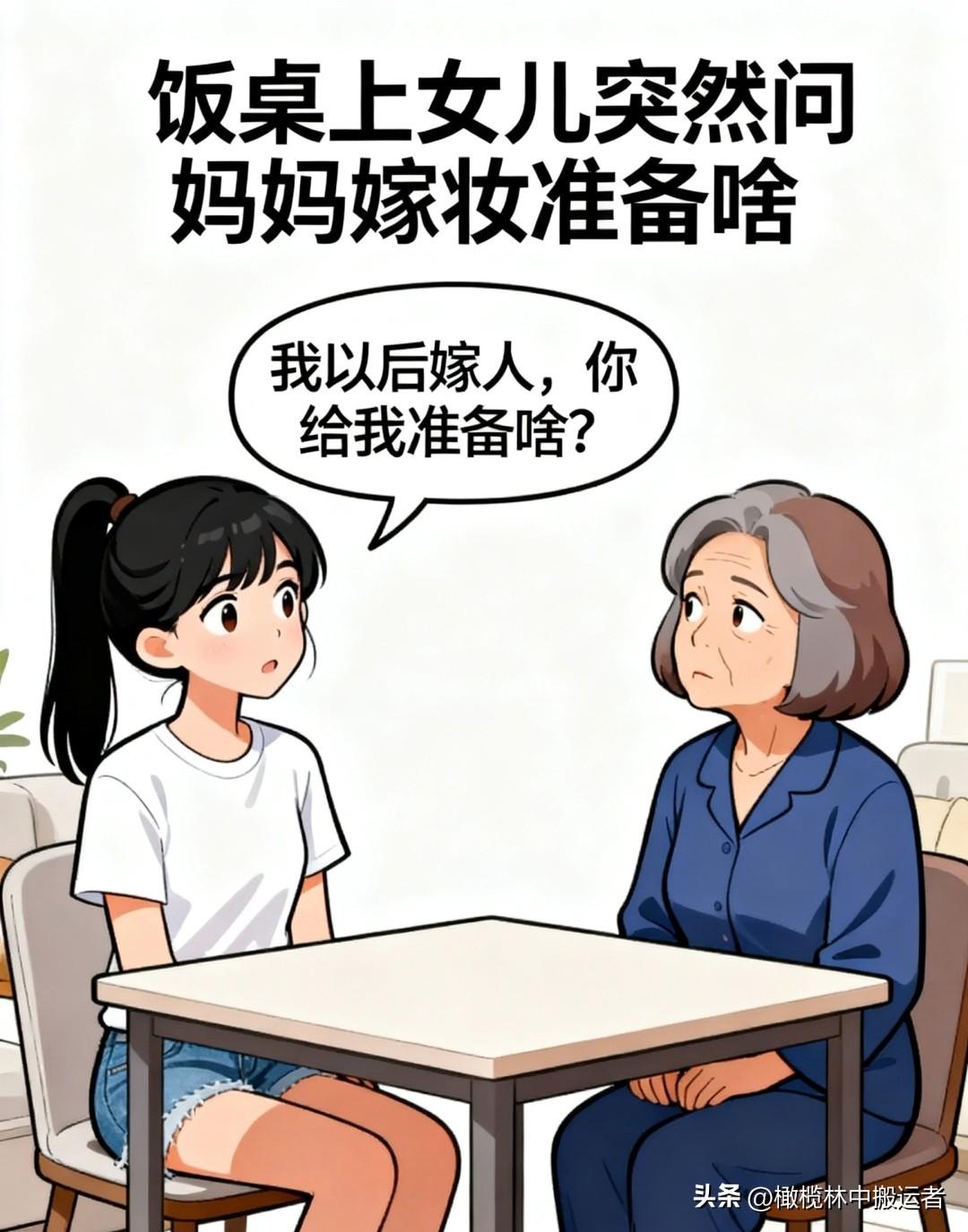 趣味漫画：女问：我以后嫁人你给我准备啥？妈说：一套房一台车再加20万。女说：妈你