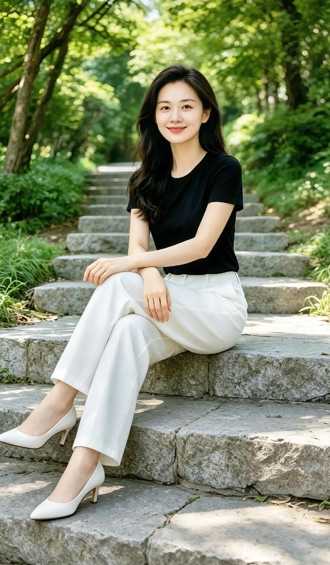 绿树掩映着石阶，

一抹黑白，

清新了夏天。

长发随风轻摆，

笑容温暖。
