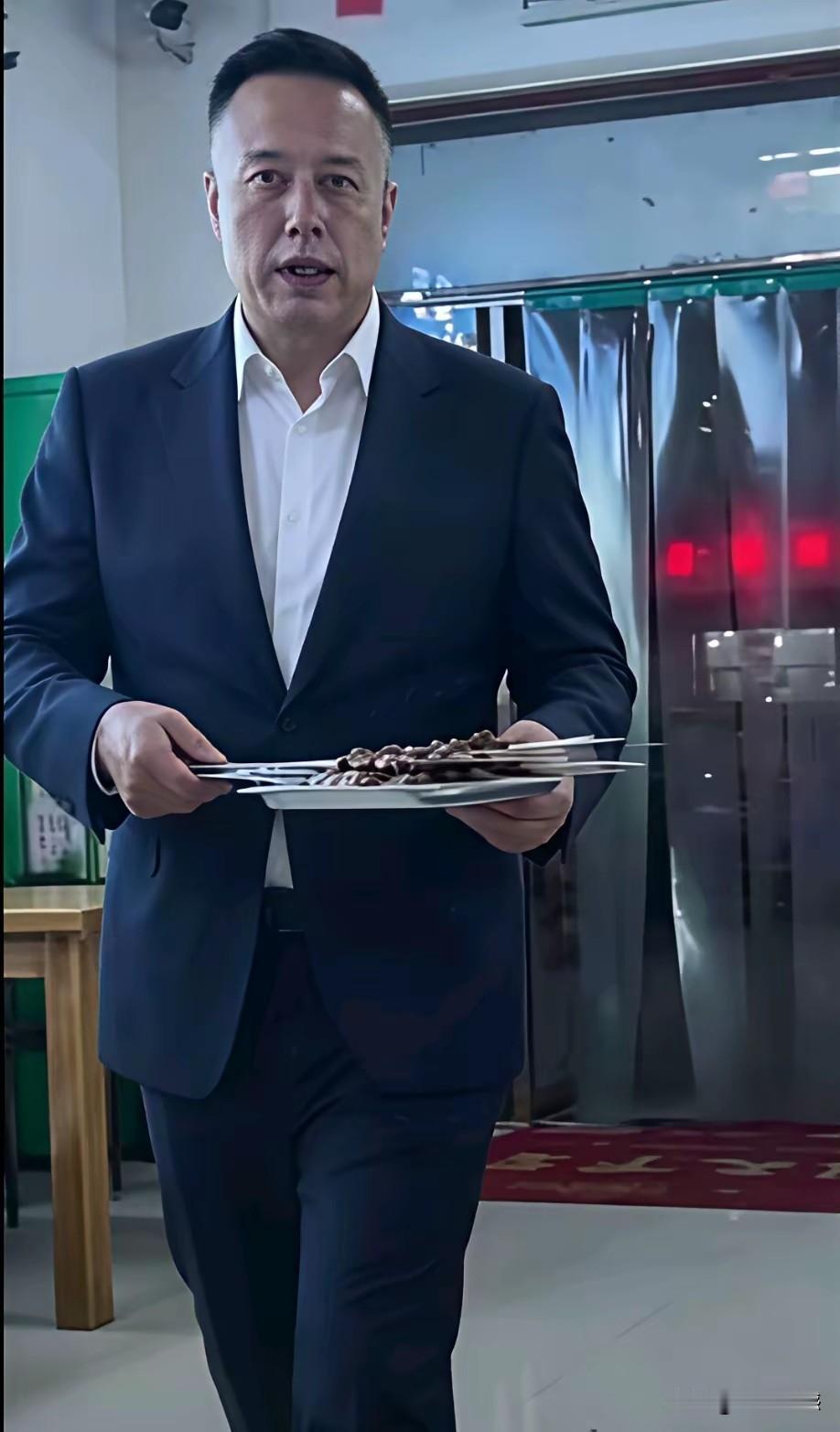 马斯克这是当服务生端羊肉串吗？当然这是不可能的事情，画面中的这个人不是马斯克，他