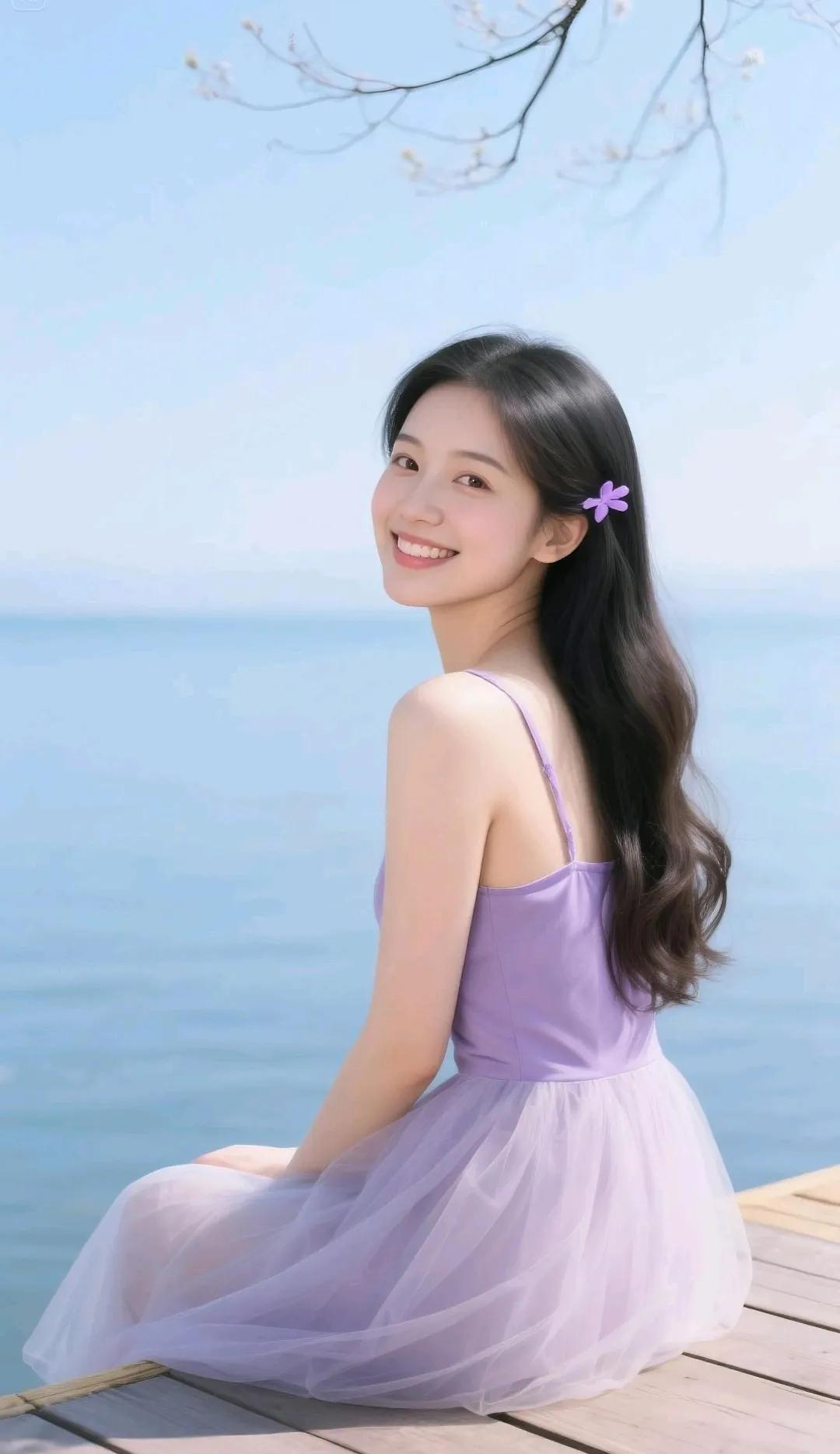 海边少女，轻纱飘逸，微笑如花🌸🌊