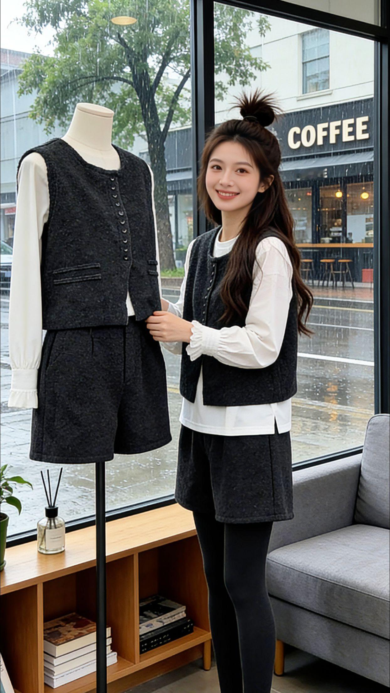 降温天躲雨时，在街角偶遇了Danny的穿搭！白衬衫叠穿质感马甲，搭高腰短裤，整套