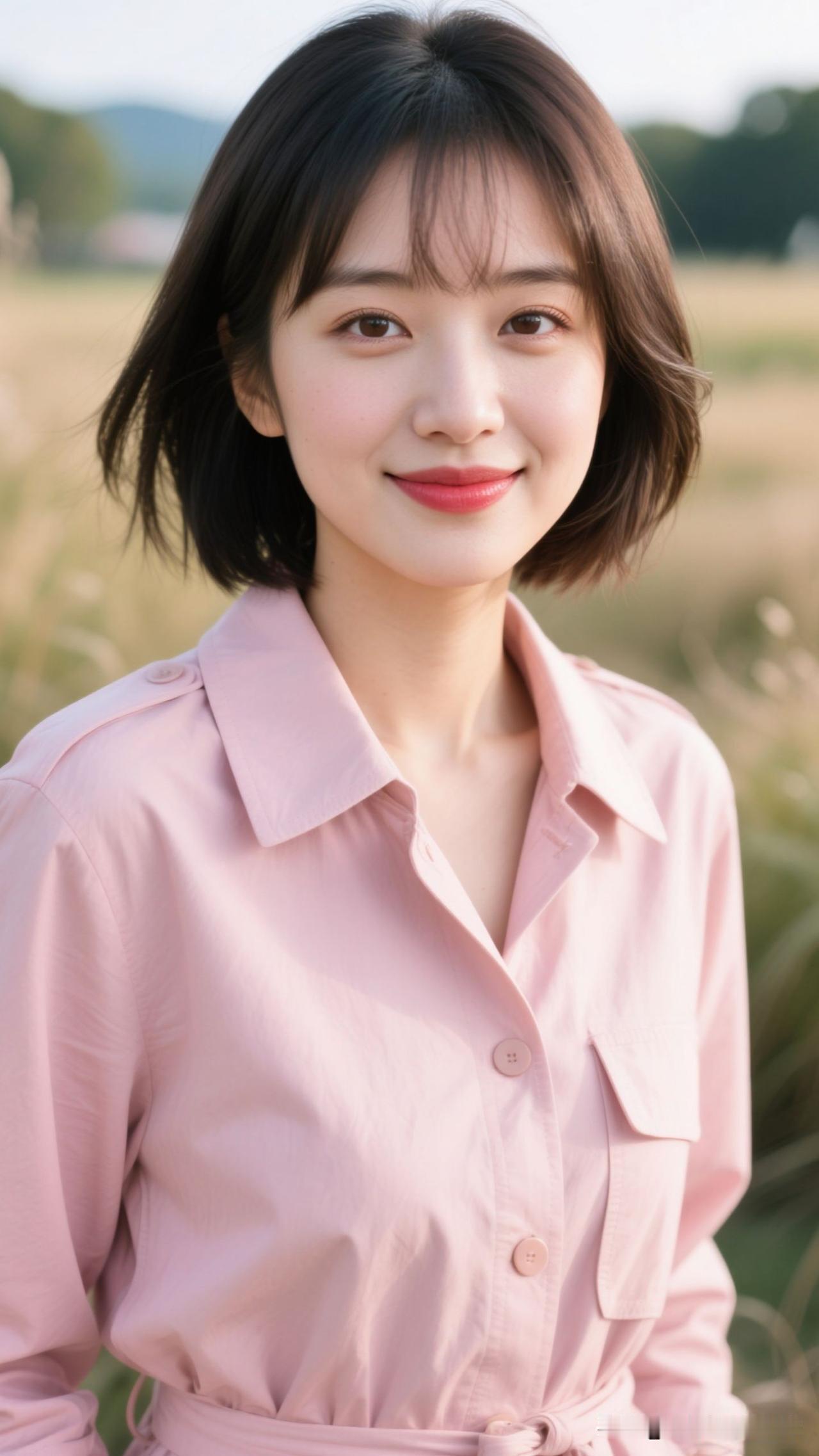 🌸 粉风衣裹住秋野的柔，草浪把阳光酿成蜜，她一笑，整个季节都浸着治愈的甜。温柔