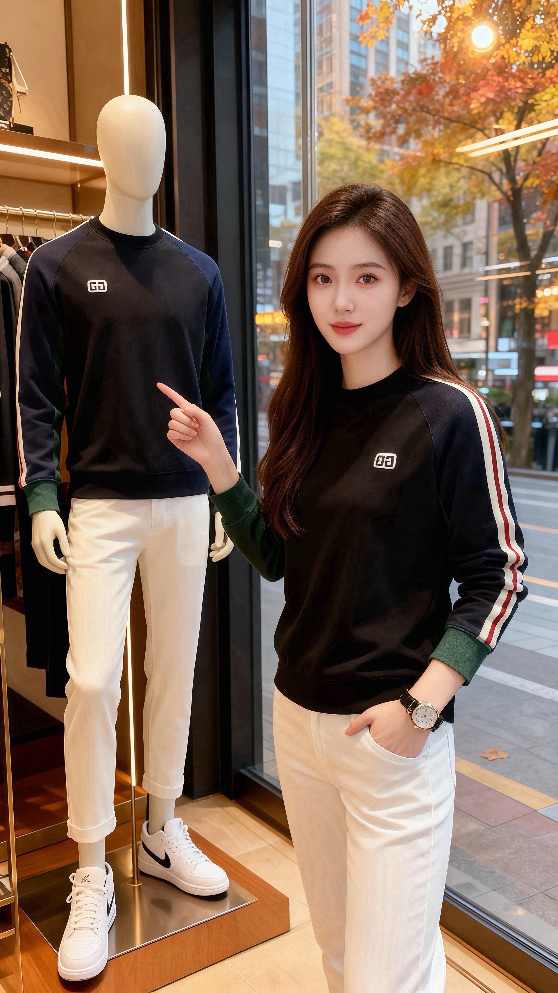 秋雨中的拼色卫衣  雨丝裹着桂香贴在橱窗时，许妍正指着模特身上的卫衣笑...