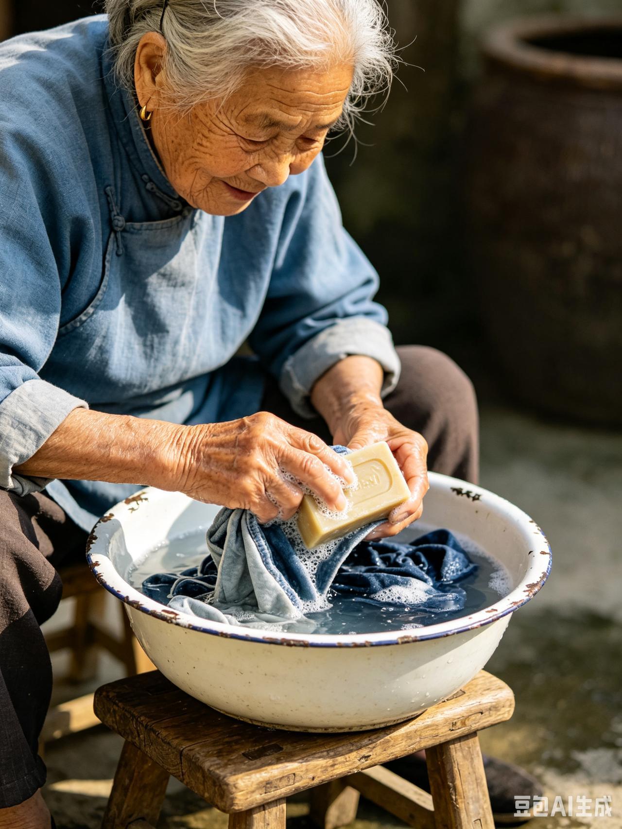 母亲｜她90多了，坚持自己洗衣服

接视频。她坐在小矮凳上，手里端着水盆。

盆