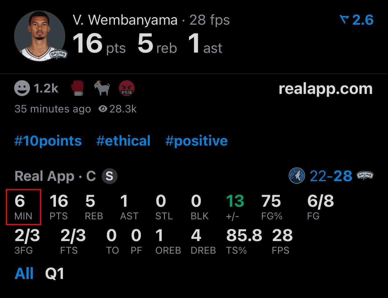 6min，16分5篮板森林狼vs马刺NBA季后赛