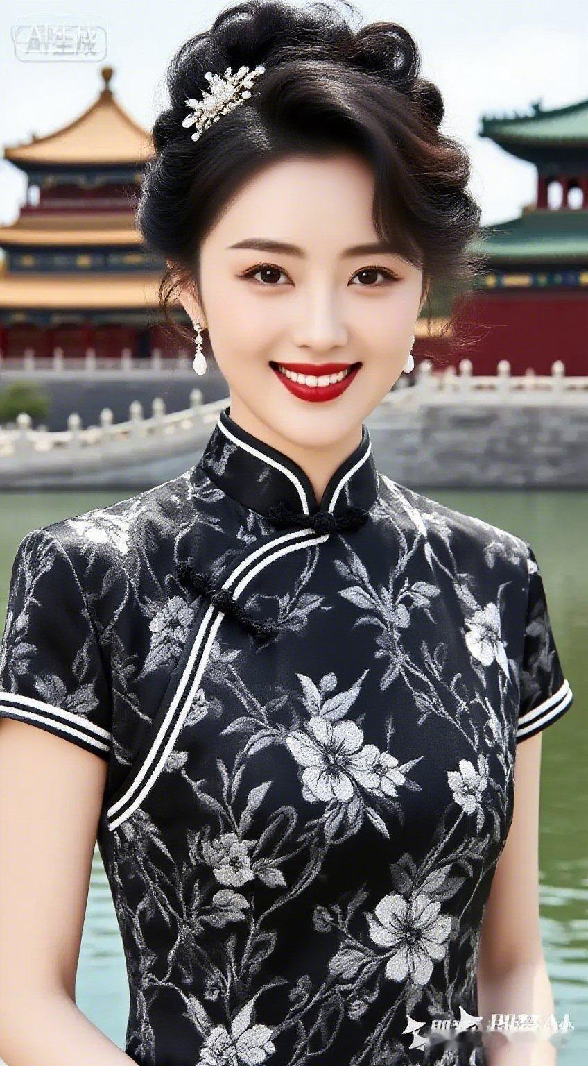 穿旗袍的女士在风景优美的地方拍照。