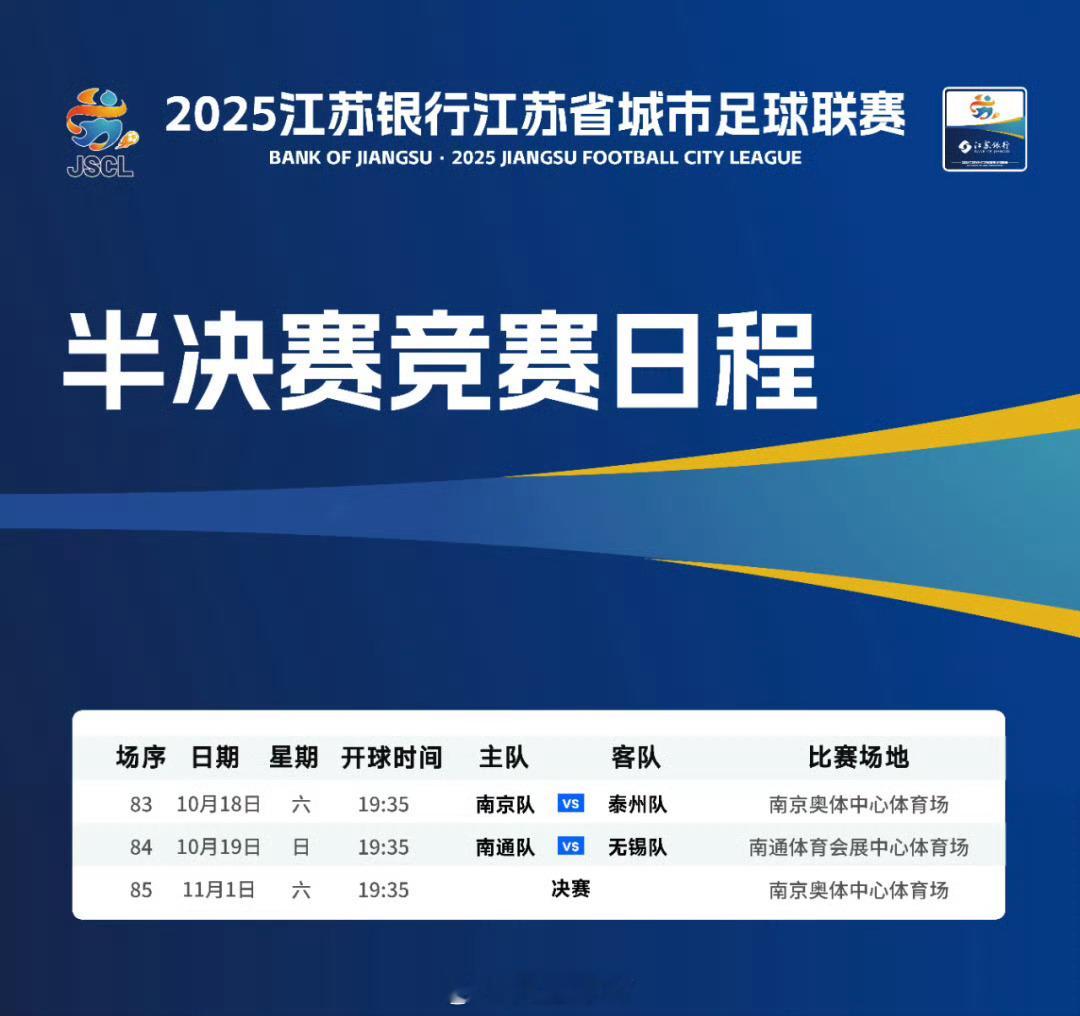 苏超半决赛赛程公布苏超半决赛赛程公布10月18日 南京队🆚泰州队10月19日 