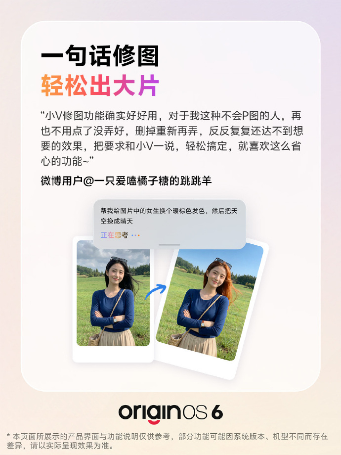 OriginOS官方公布了“五月更新”最受用户欢迎的几个功能：●小 V 修图：说
