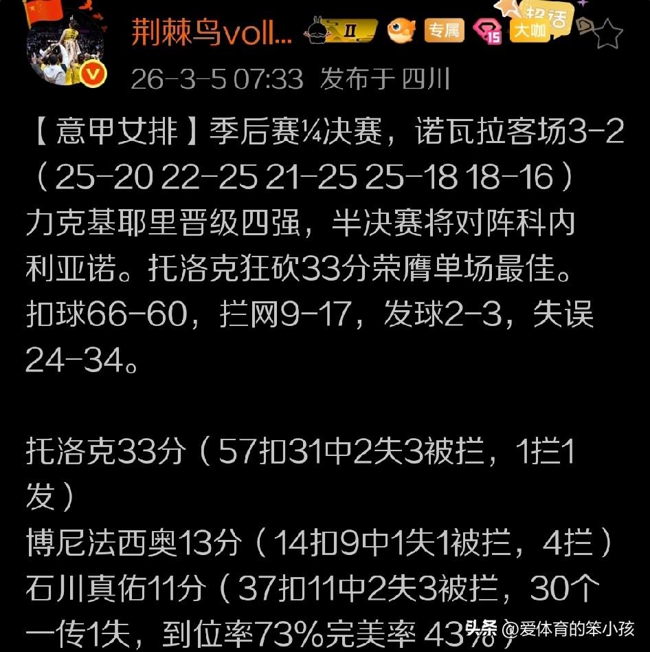 当我们为朱婷效力的科内利亚诺女排在意甲1/4决赛当中双杀本轮的对手布斯托阿西齐奥