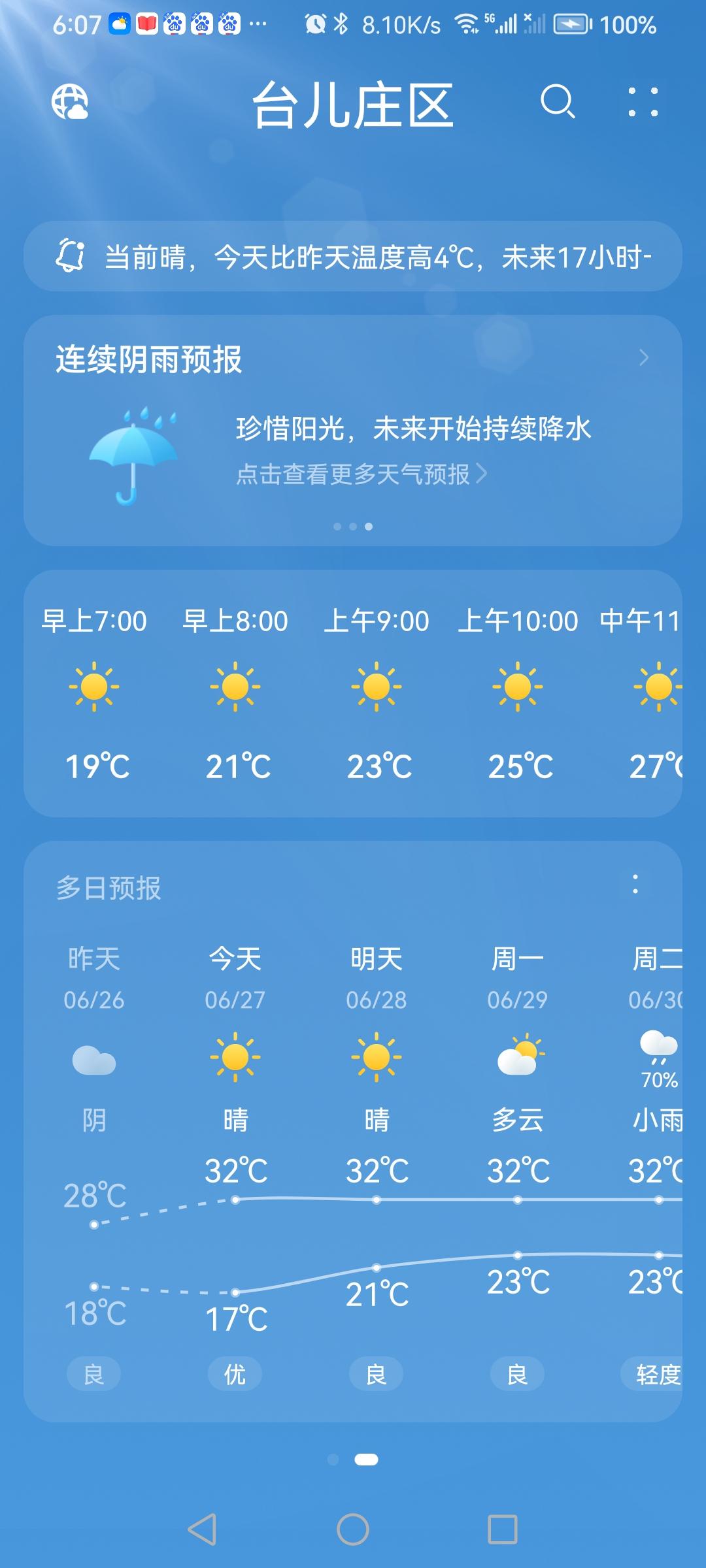 “6.27”星期六，天气预报“晴”。气温17—32。