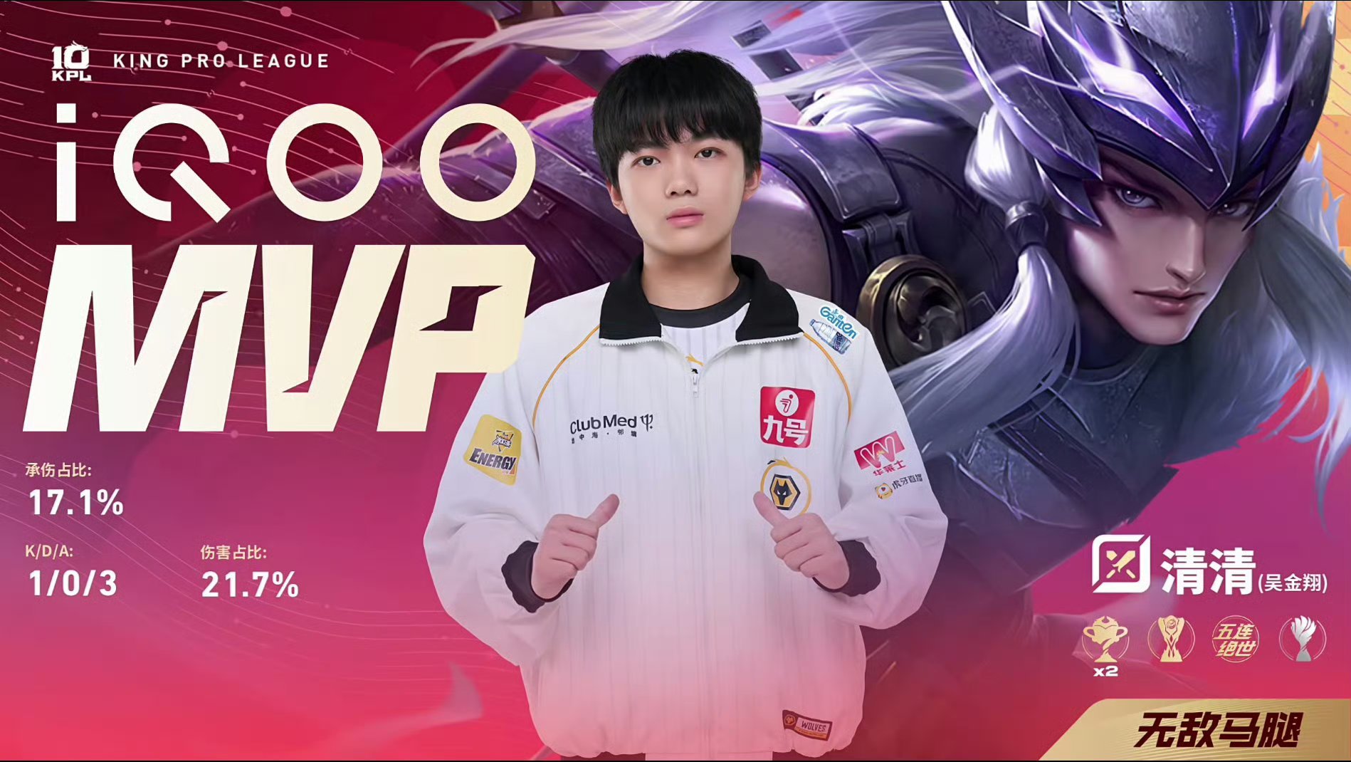 清清马超无敌马腿狼队 2:1 JDG清清马超获得本局MVP ​​​