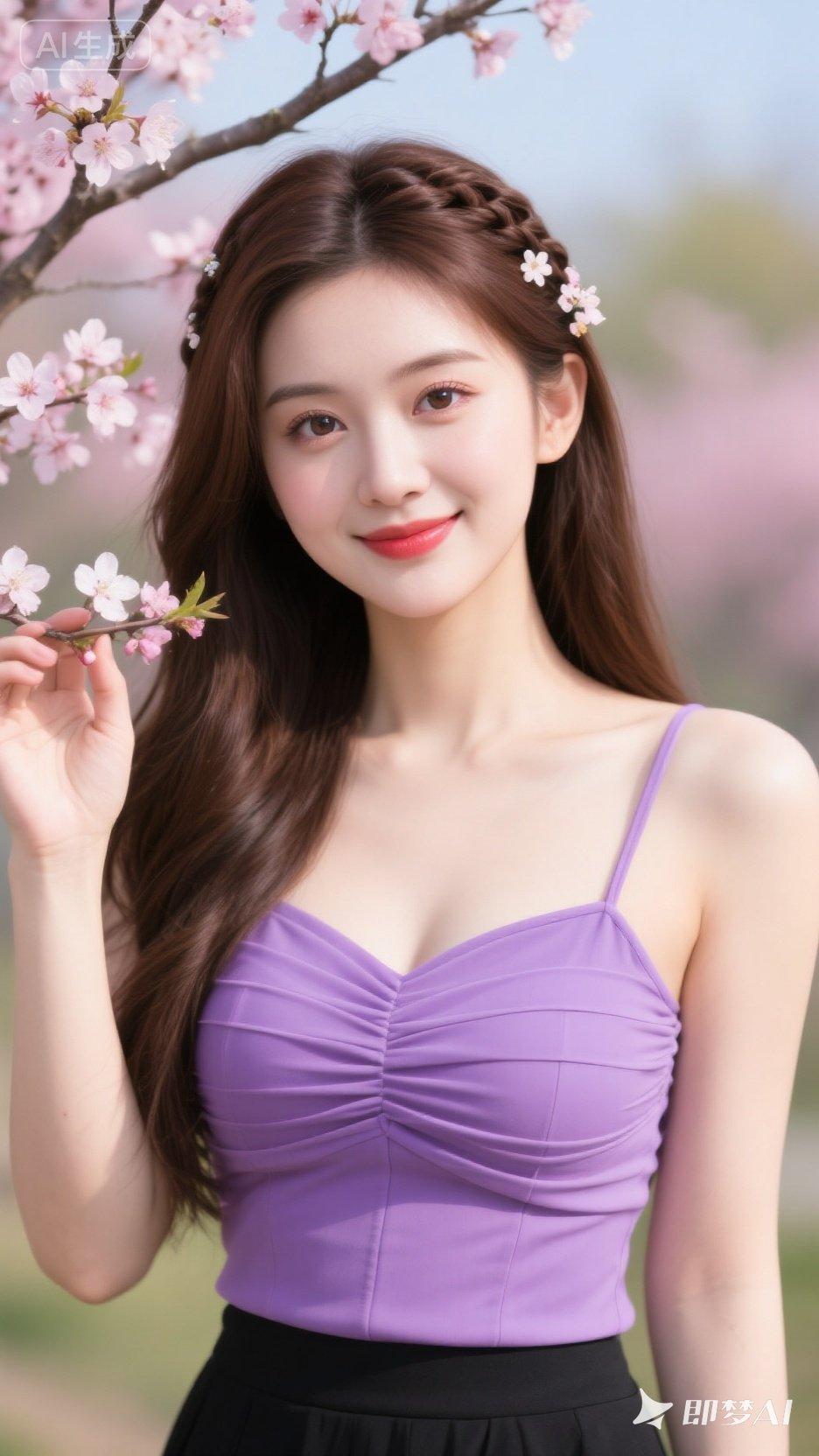 春日樱花下的甜美少女，浅紫色吊带裙搭配花环发饰，温柔动人。🌸💖