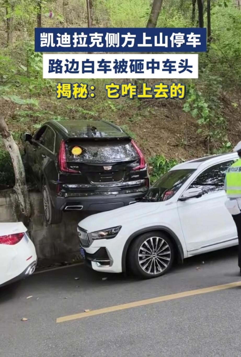 凯迪拉克：本想展示越野性能，一不小心成了“山顶洞车”；

白车：我就停路边，咋还