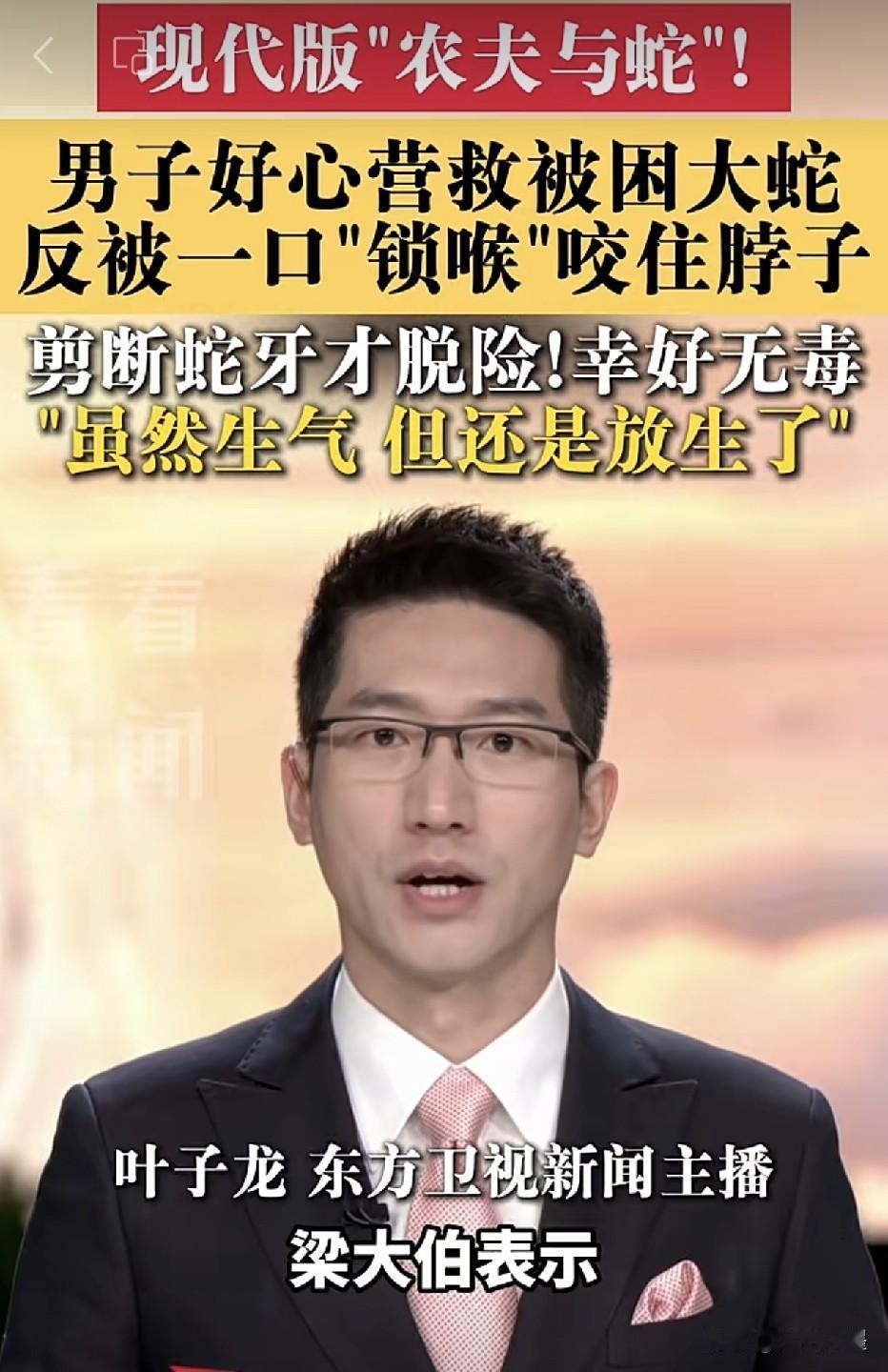 浙江温州，一位大爷出门时发现邻居家菜地里有动静，走近一看原来是一条蛇被绳网困住了