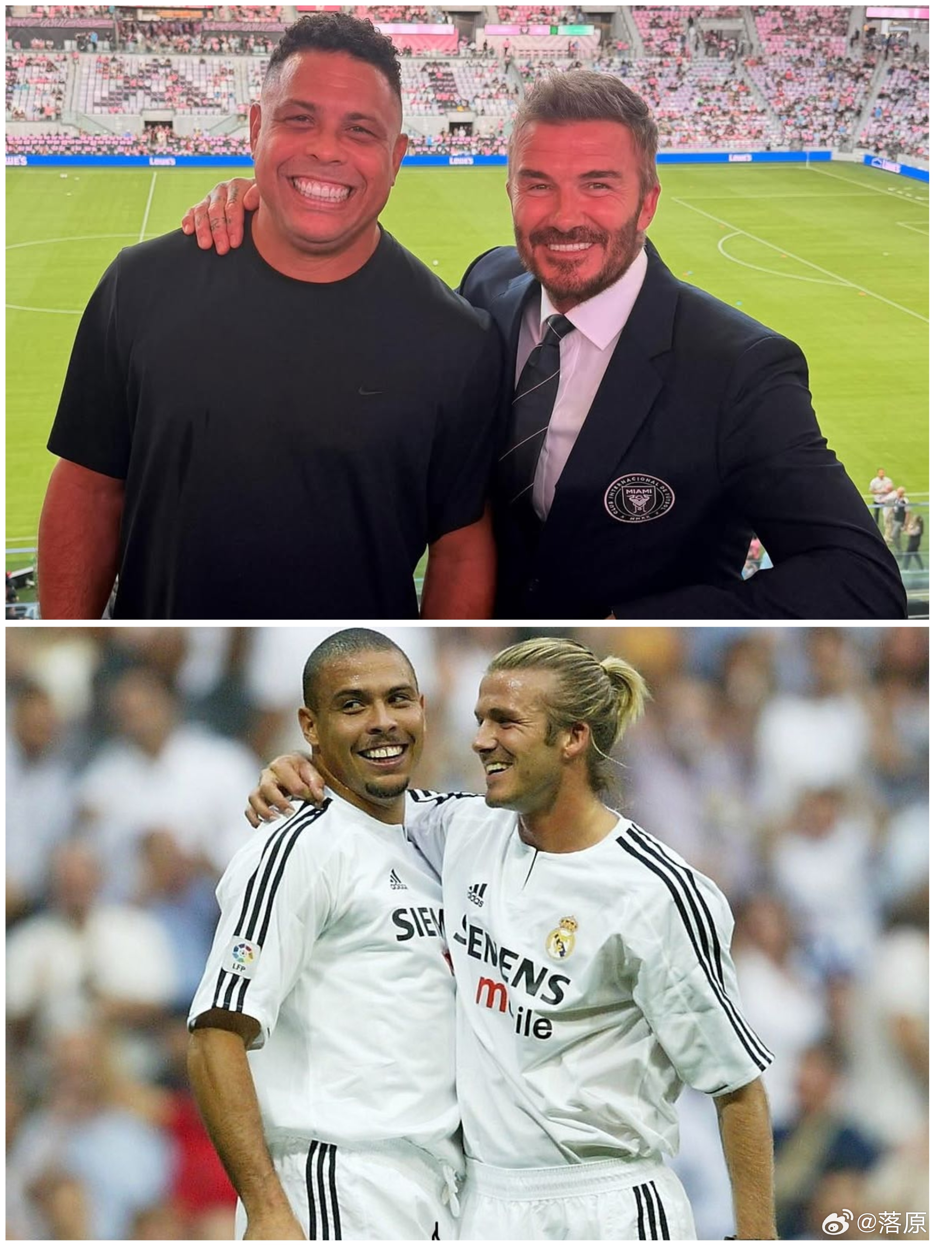 罗纳尔多现身迈阿密国际新主场揭幕战，力挺老队友贝克汉姆。两人曾在皇马并肩作战三个
