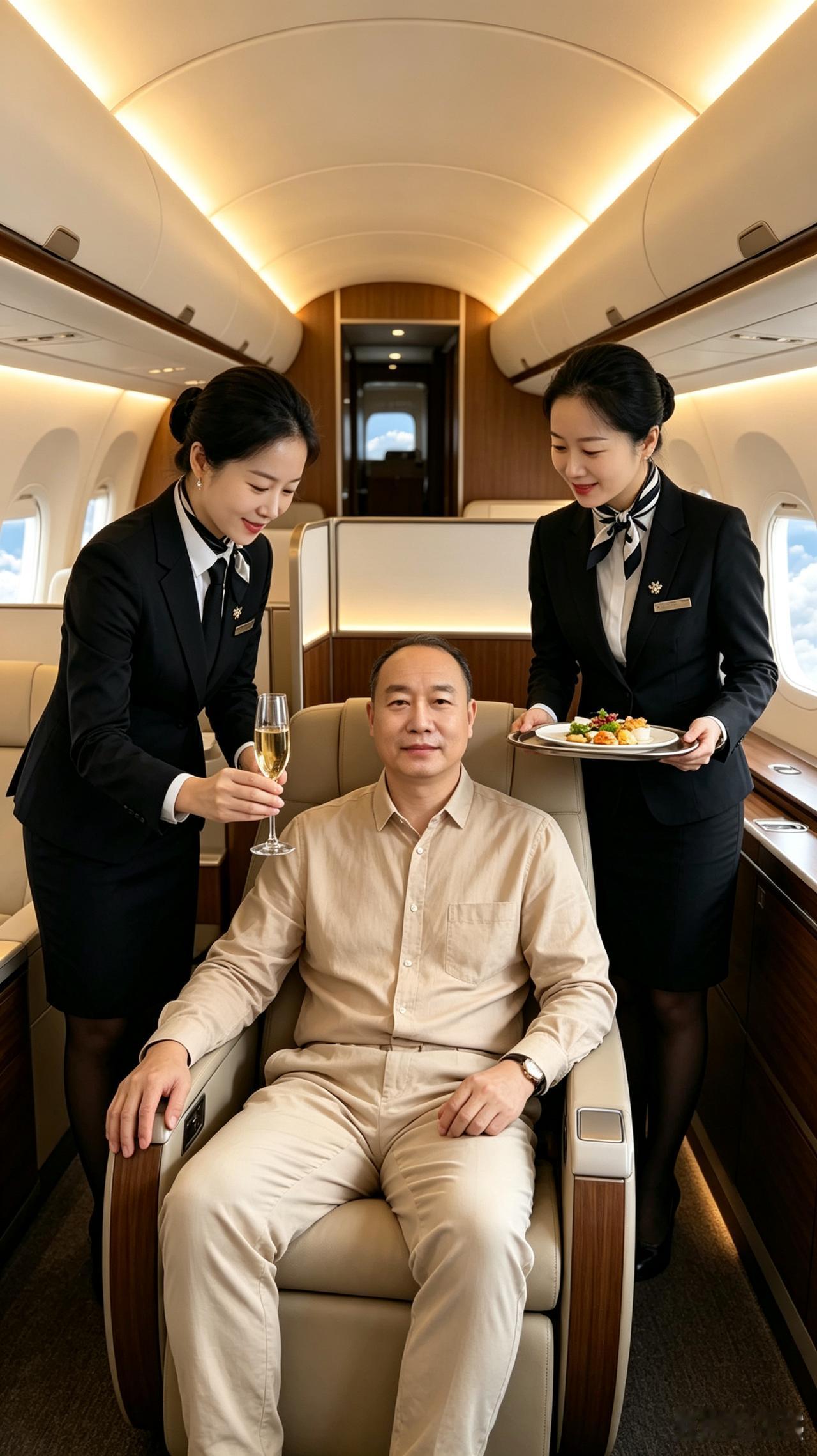 赞东航头等舱优质服务打油诗
东航头等显高标，阔座木纹映柔光
双姝空姐气质佳，着装