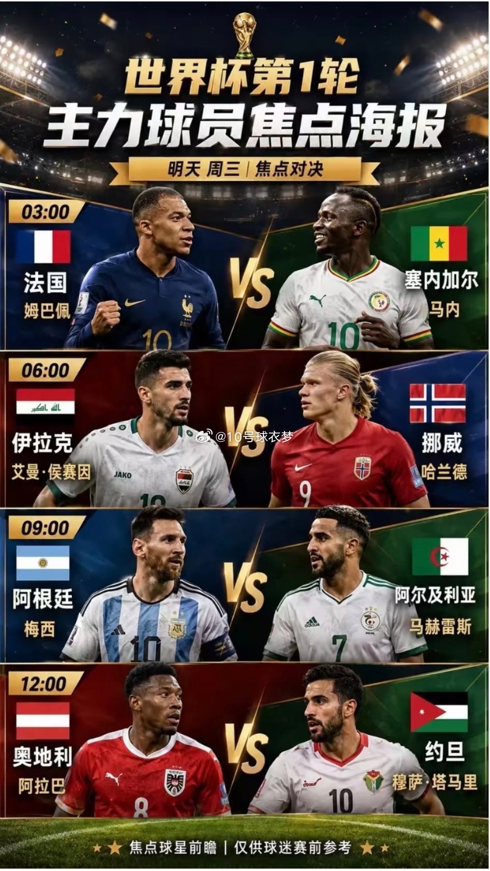 🔥姆佩梅西哈兰德🔥，今天你追谁？世界杯巨星日🏆明天（6月17日）的世界杯赛