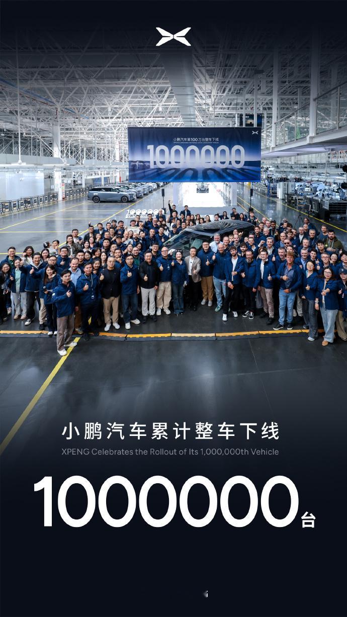 小鹏汽车第100万台整车下线，从50万到100万小鹏仅用了14个月！这速度有点猛