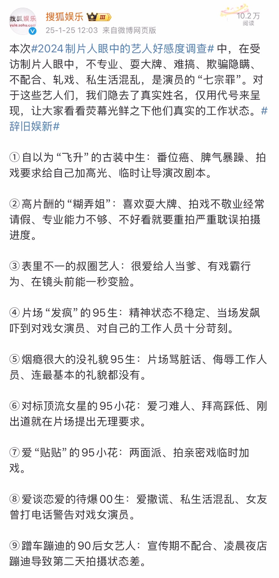 制片人眼中的黑榜艺人 搜狐娱乐评选的2024年度黑榜艺人，猜到了其中几个。[吃瓜