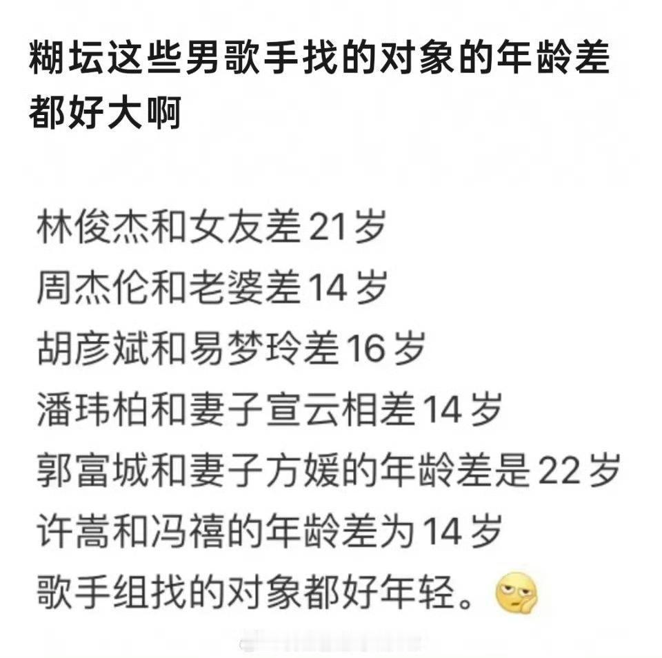 许嵩、林俊杰、周杰伦、潘玮柏、胡彦斌。。。看来男歌手都喜欢找小娇妻，不管什么年纪