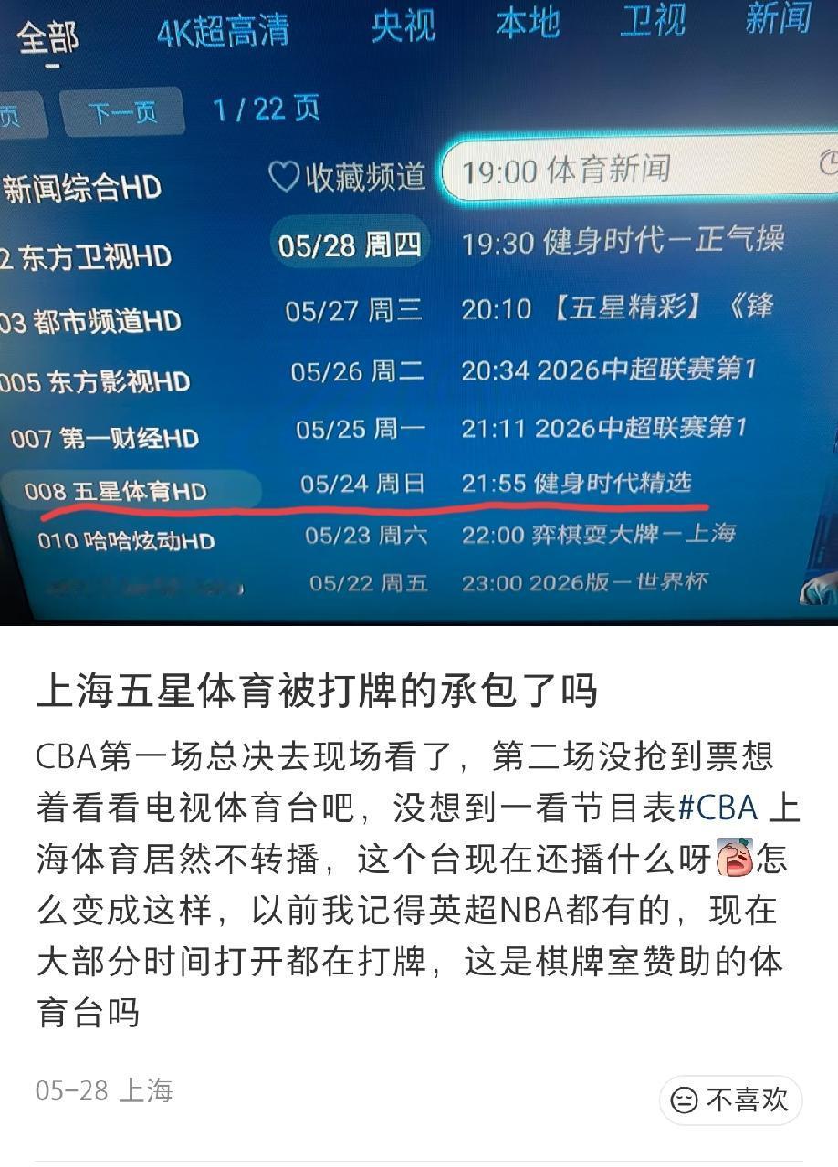 上海网友发文吐槽:五星体育大部分时间都在播棋牌比赛，这是被打牌的给承包了吗？偶尔