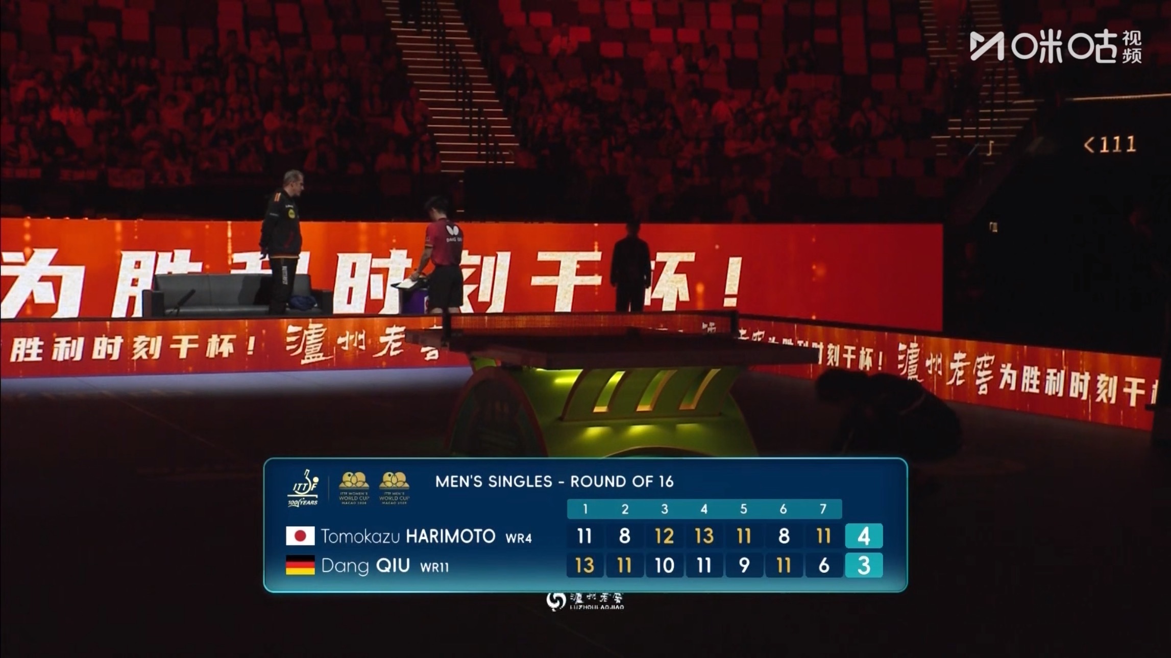 张本智和4比3邱党(11-13，8-11，12-10，13-11，11-9，8-