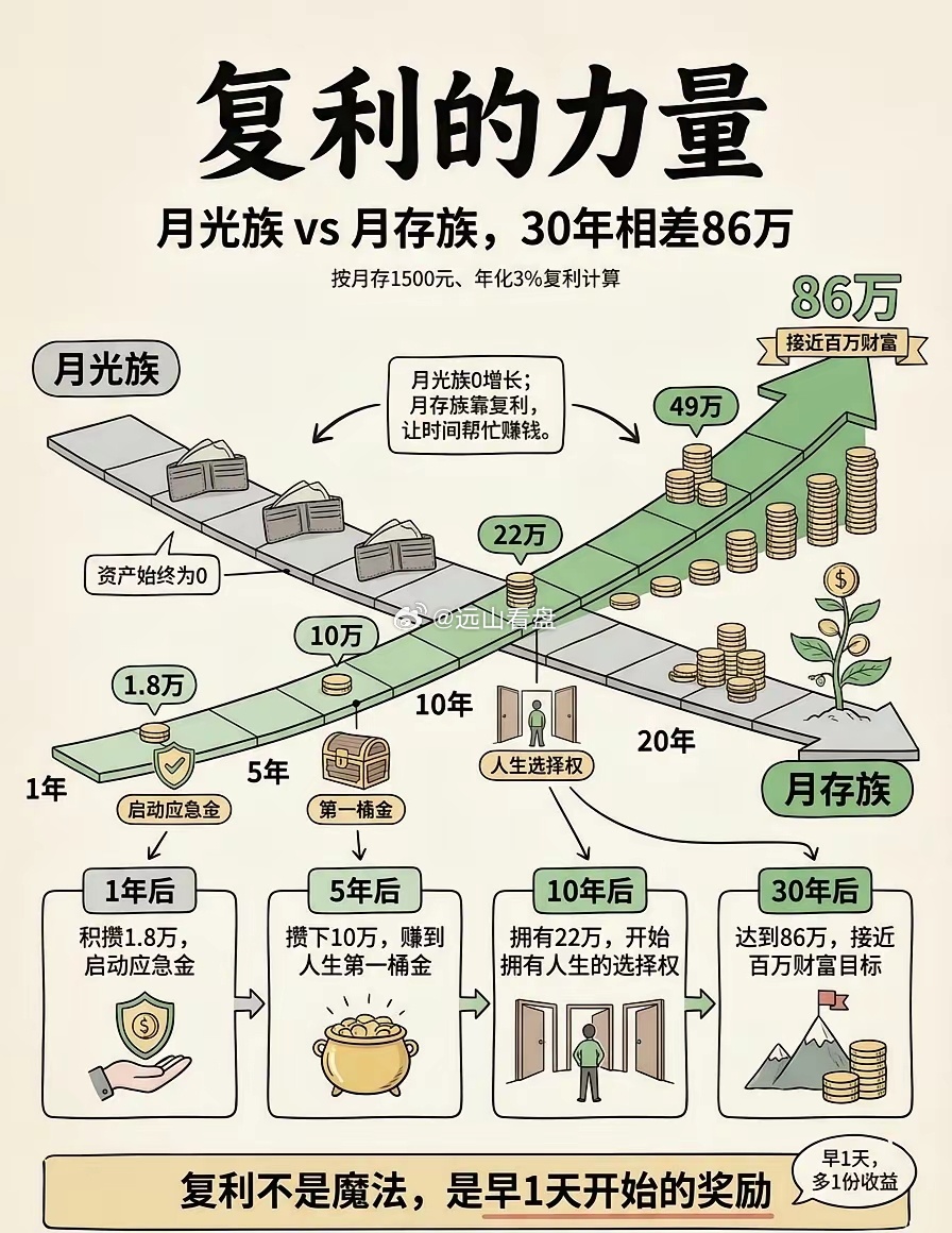 复利的力量1年：月存族 1.8万5年：月存族 10万10年：月存族 22万20年