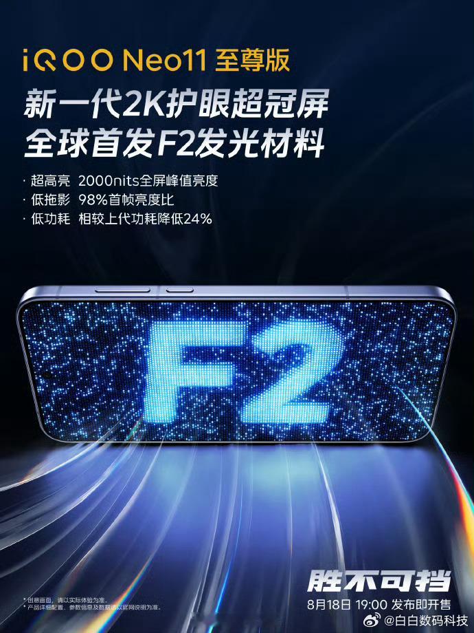 iQOO Neo11 至尊版搭载新一代 2K 护眼超冠屏，全球首发 F2 发光材