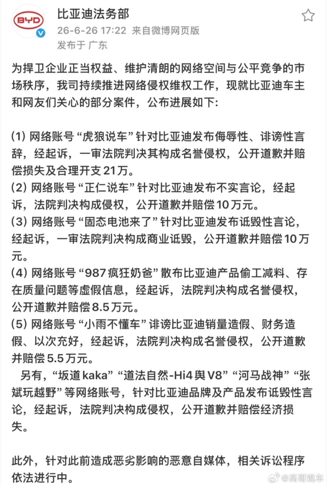 比亚迪法务再次通报多账号被处理比亚迪近期公布网络侵权维权进展，引人深思。互联网赋
