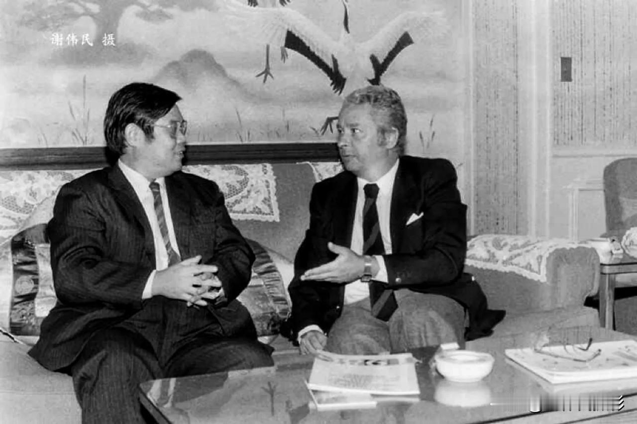 1988年2月8日，时任中共上海市委宣传部副部长龚心瀚（左）在上海会见罗马尼亚共