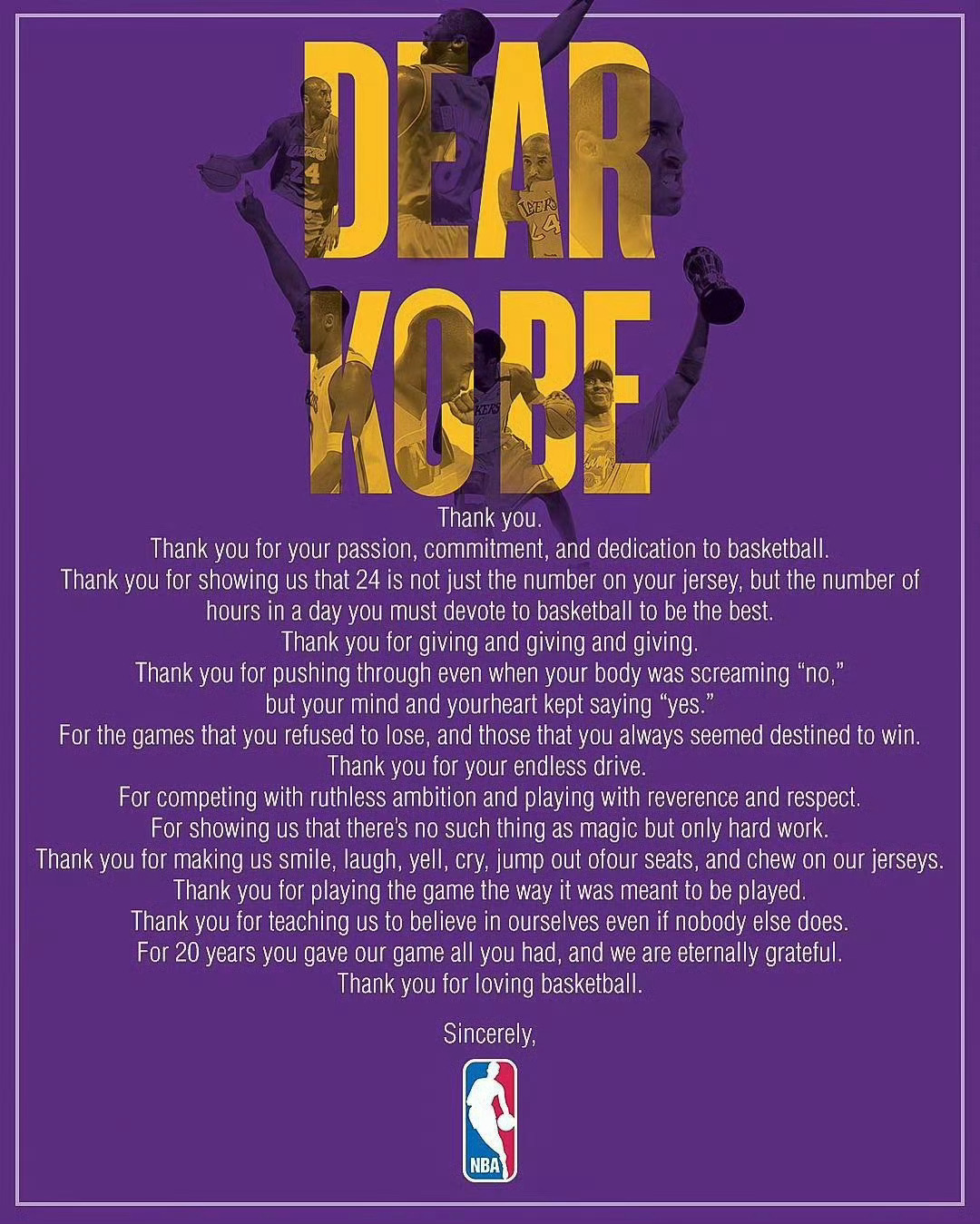 那一年，NBA发布了一封《Dear Kobe》回应科比💜💛科比宣布退役十周年