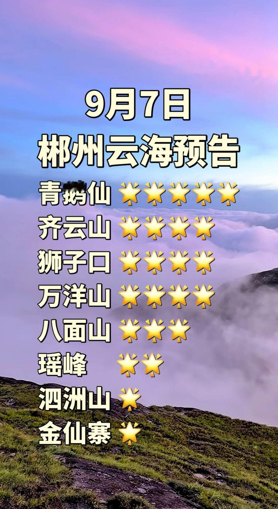 9.7郴州周边山峰云海预报
综合云海/日出概率以及云海质量✅郴州周边山峰推荐指数