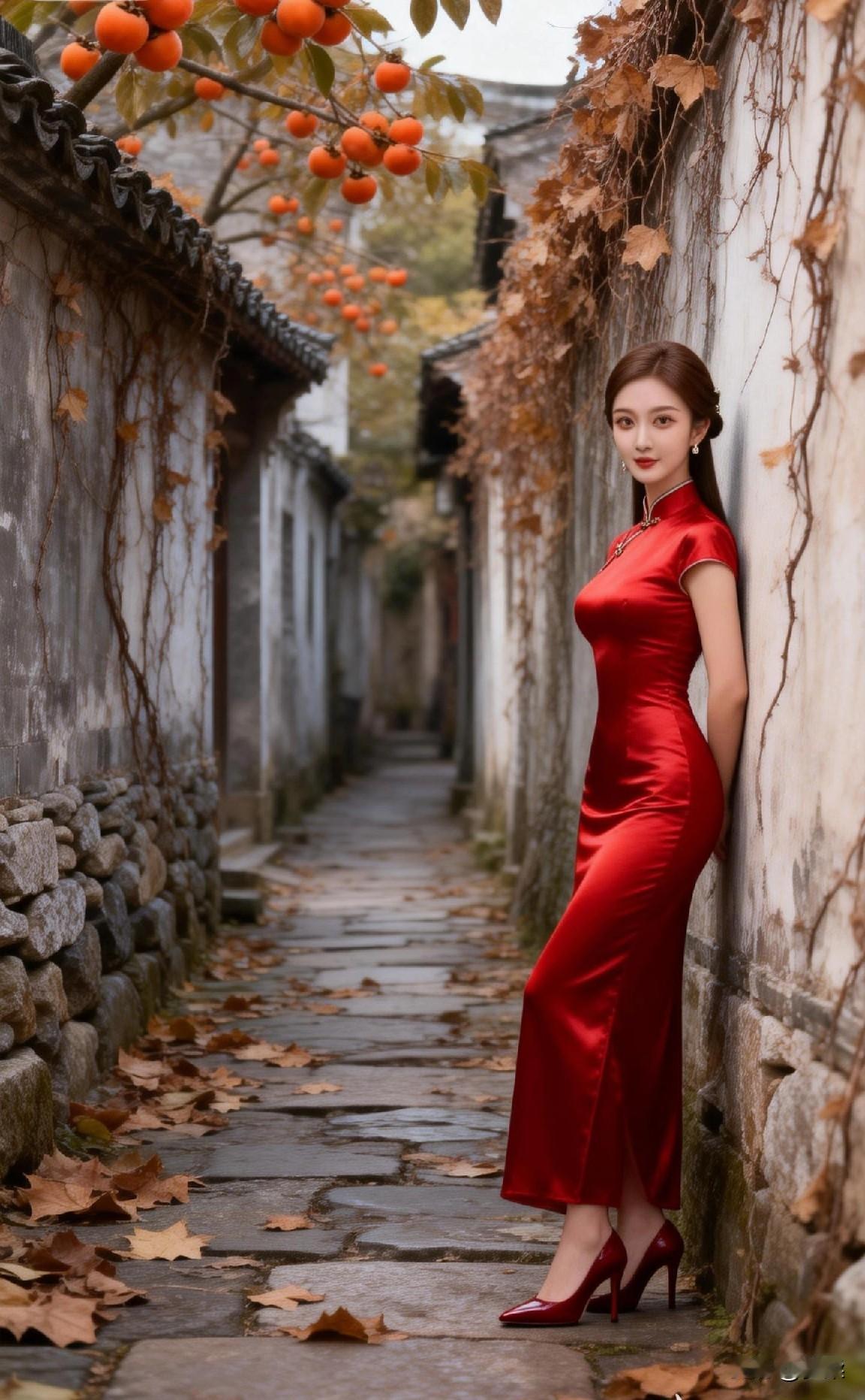秋日古巷，红衣美人倚墙而立，韵味十足古韵红衣女神 红衣佳人写真