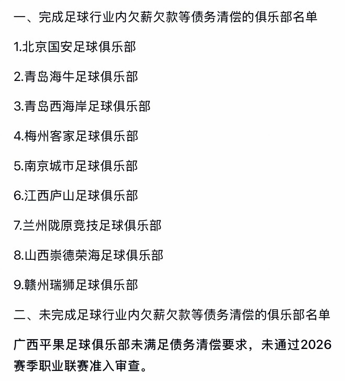 2026赛季继续约起来吧，中足联官方发布第二批名单：北京国安队、青岛海牛队、青岛