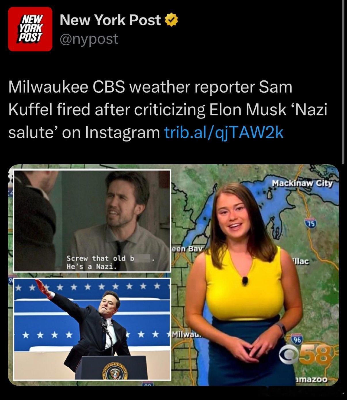 这位胸部丰满的天气预报员因为批评马斯克在特朗普就职典礼上的手臂姿势而面临争议，而