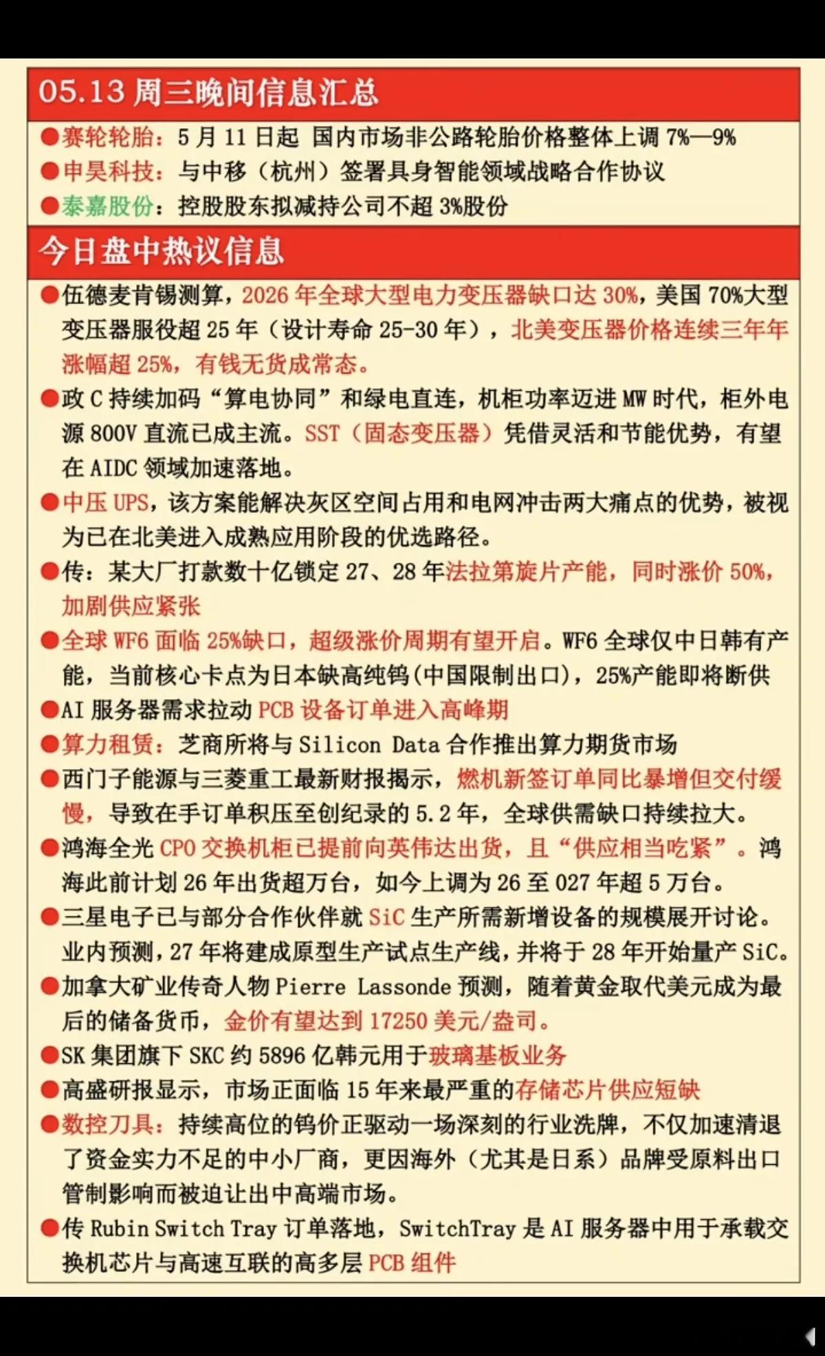 5.14周三晚间  财经信息汇总！1.电力变压器，缺口2.SST固态变压器3.法