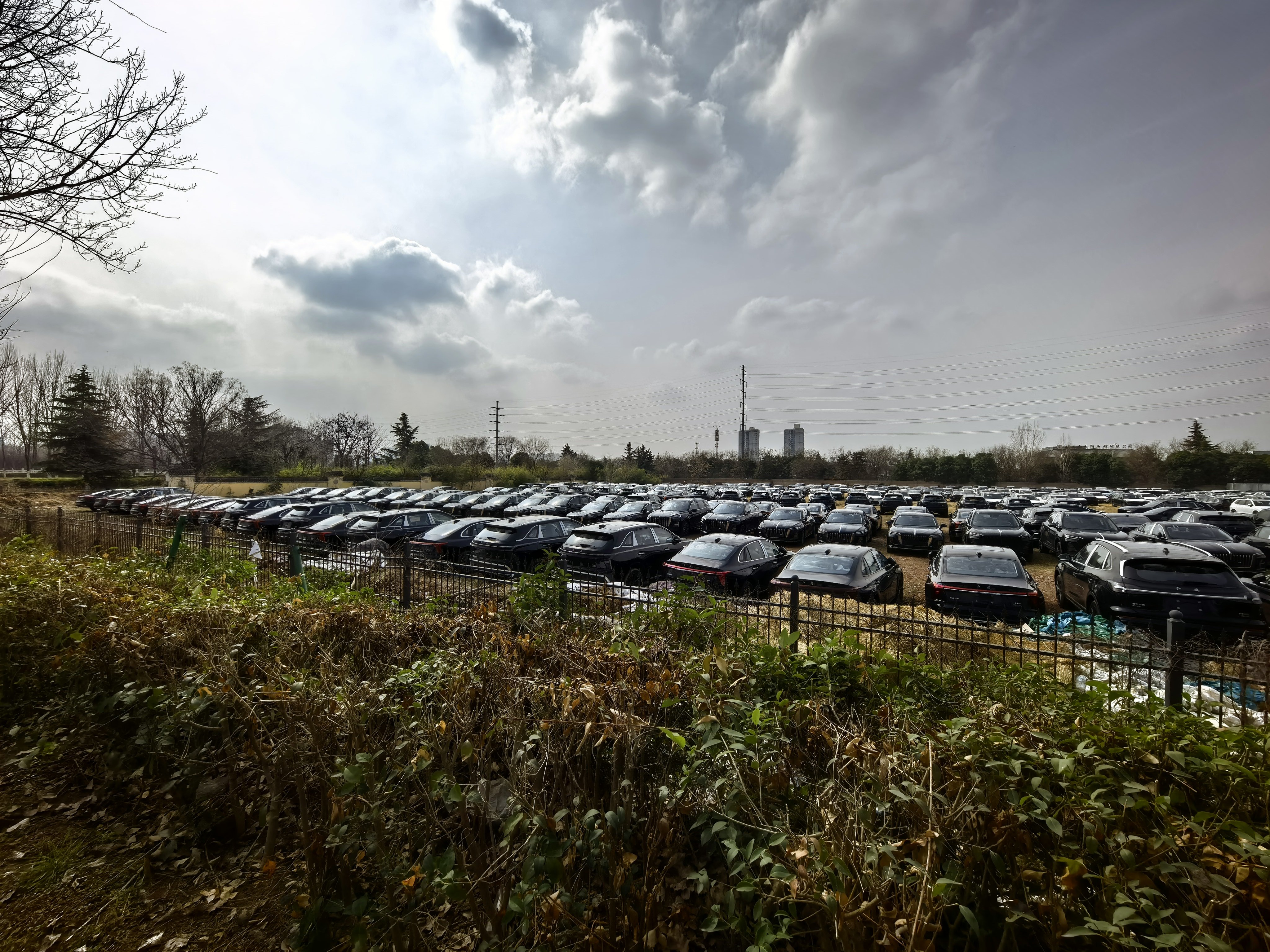 这个停车场之前停了很多本田，今天路过发现又多了很多红旗，数量庞大