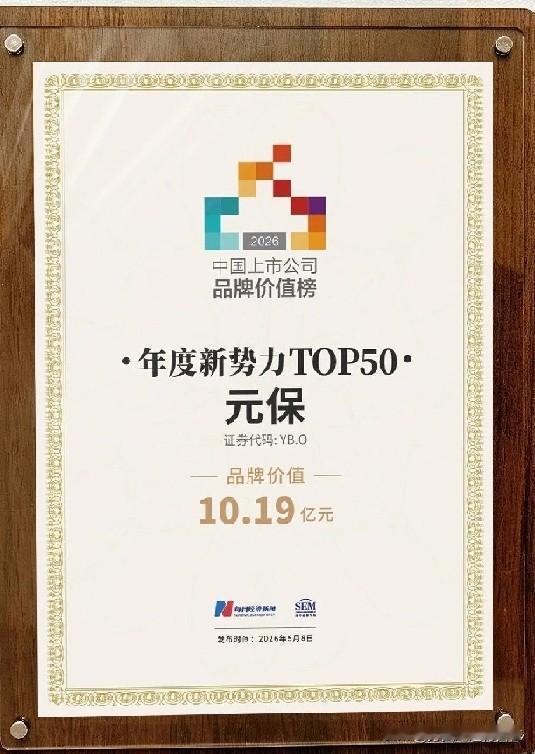 “中国上市公司品牌价值榜”历来受行业关注，权威评选更具参考意义。

元保在202