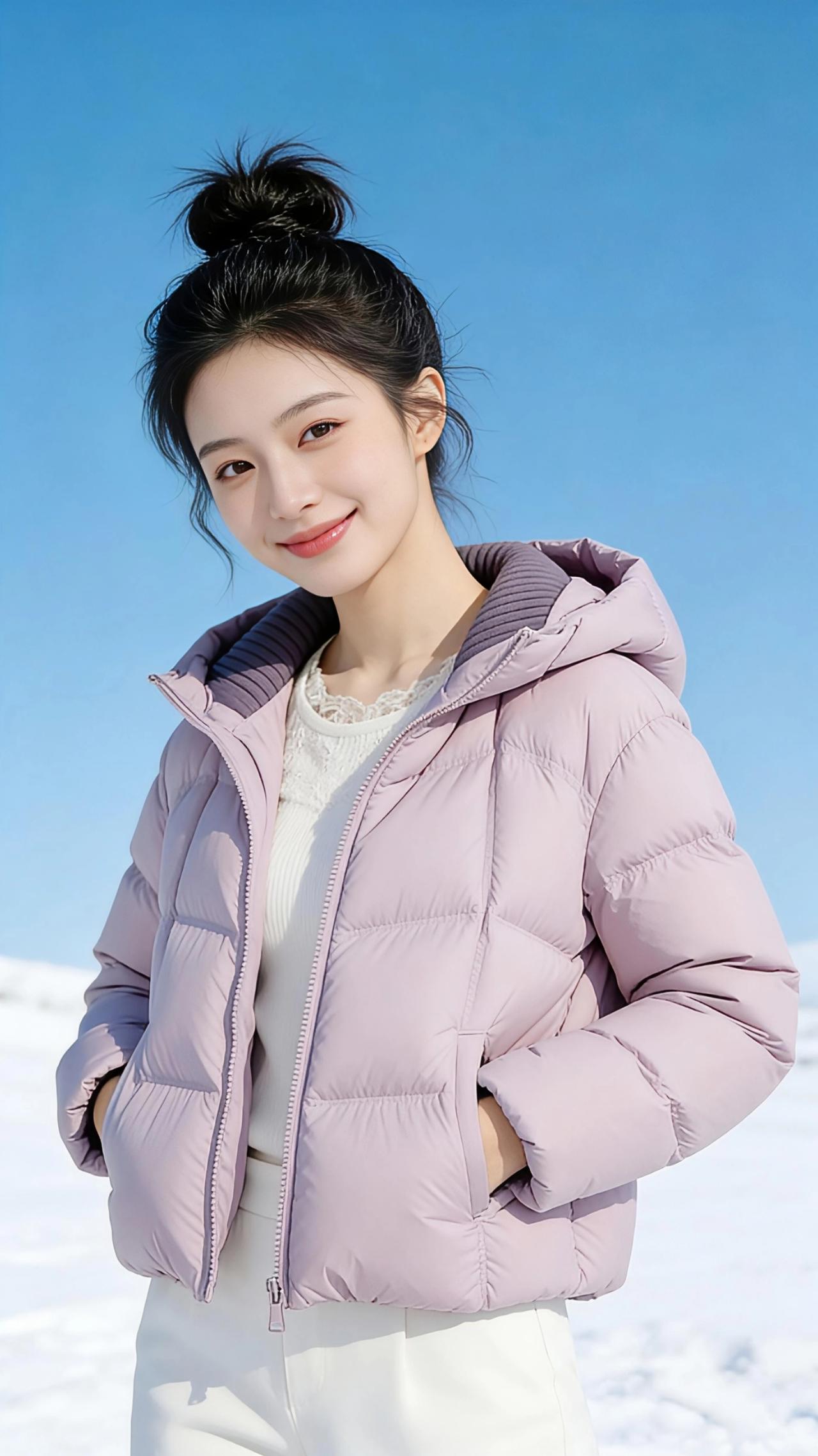 雪色里的柔粉
 
雪野铺展着无垠的白，像揉碎了的云朵落在人间。浅粉紫的短款羽绒服