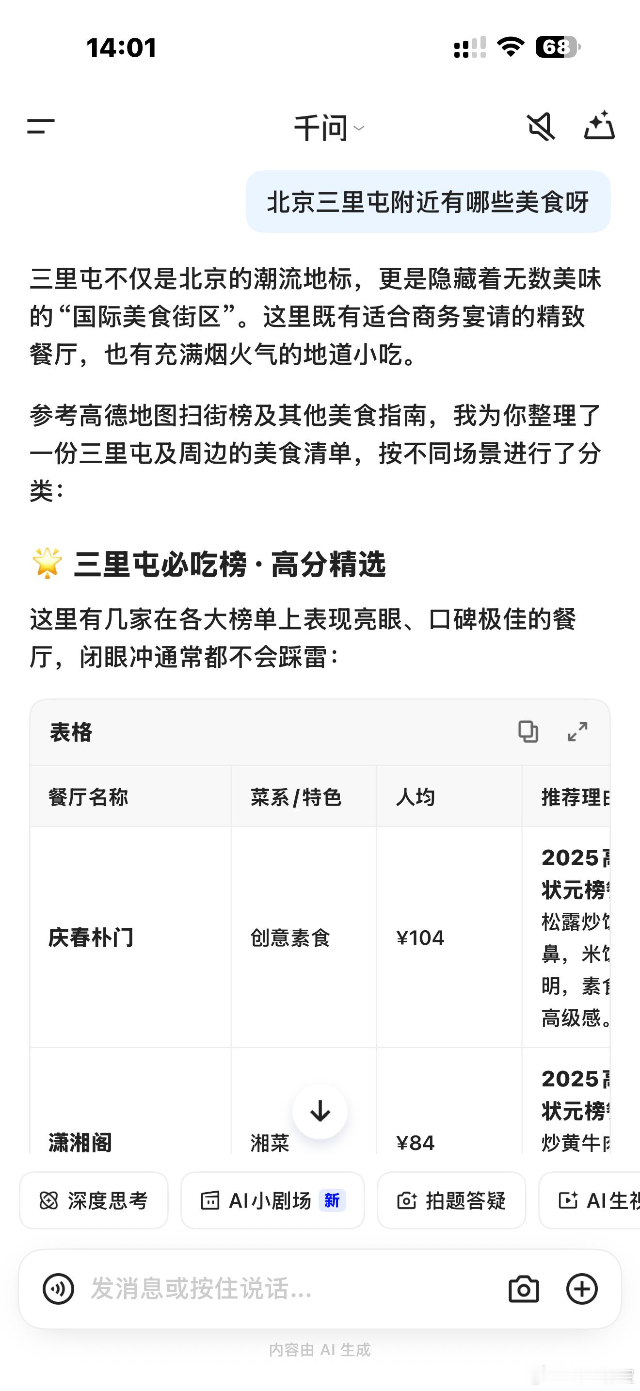 千问APP接入阿里生态场景北京的美食种类繁多，此前我一直受选择困难症困扰，如今有