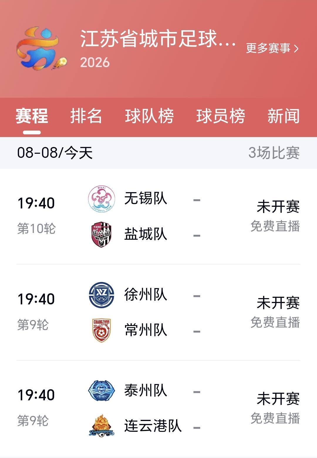 苏超：今晚常州队登顶，泰州队进前八
今天晚上苏超有三场比赛，无锡队对盐城队，徐州